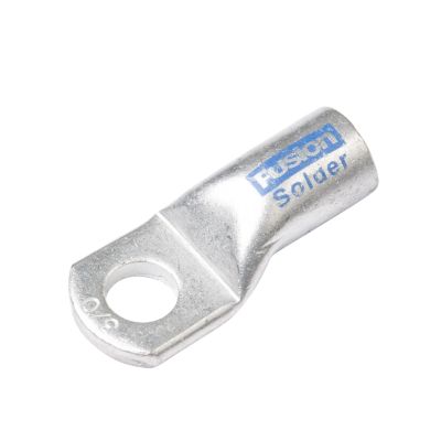 Fusion copper lug, featuring a sturdy design for 2 & 1 gauge cables, with a visible solder mark and round hole for secure fitting.