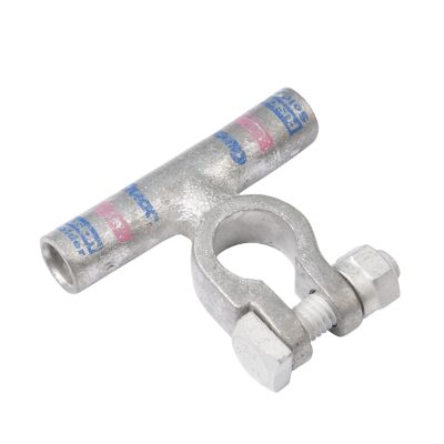 Battery terminal with flag design for 2 and 1 gauge cables, silver finish, suitable for negative connection.