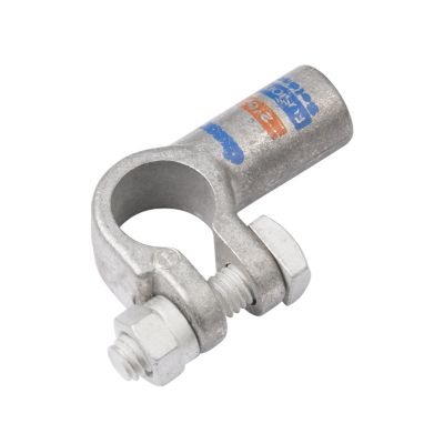 Silver Quick Cable FUSION battery terminal with left elbow and bolts, designed for positive connections.