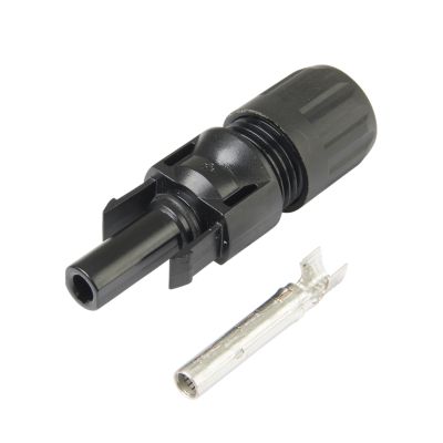 MC4 female cable coupler with contact, black, durable design for efficient electrical connections in solar systems.