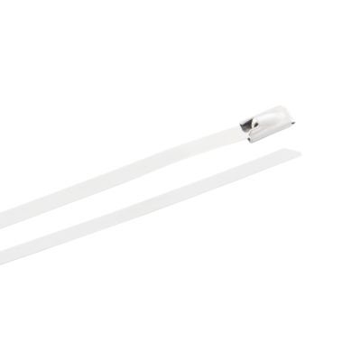Stainless steel cable tie with a sleek design, suitable for heavy-duty applications, ensuring durability and secure fastening.