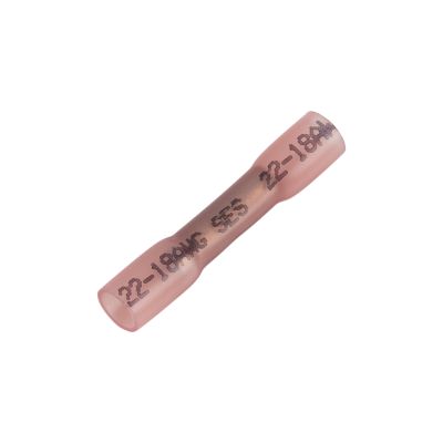 Red heat shrink crimp butt connector, ideal for 22-18 gauge wiring, with protective insulation and secure crimping capabilities.