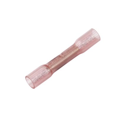 Red Molex Perma-Seal‚Ñ¢ Heat Shrink & Crimp Butt Connector, shown in angled view, suitable for 22-18 gauge wires.