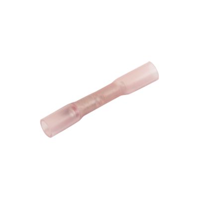 Heat shrink and crimp step-down butt connector with a translucent pink exterior, ideal for secure wire connections.