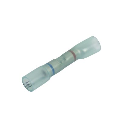 Transparent heat shrink and crimp step-down butt connector with color-coded bands for wire gauge identification.