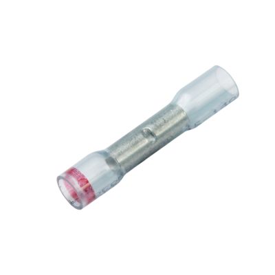 Heat shrink and crimp step-down butt connector, Molex Perma-Seal, clear tube with a metal core.