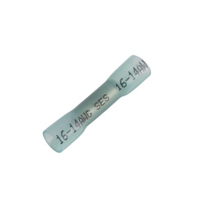 Blue heat shrink and crimp butt connector, 16-14 gauge, economy type, showcasing translucent cover and tubular design.