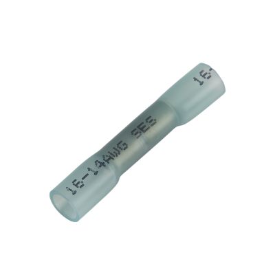 Blue heat shrink and crimp butt connector for 16-14 gauge wires, NSPA KS5-14-SH, ideal for secure electrical connections.