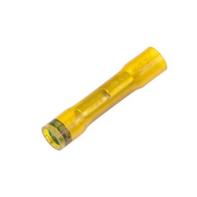 Yellow Perma-Seal heat shrink butt connector for wire joining, with transparent insulation and crimp design.