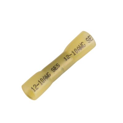 Yellow heat shrink and crimp butt connector, ideal for economical wire joining, featuring durable insulated casing.