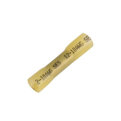 Yellow heat shrink and crimp butt connector for 12-10 gauge wires, ideal for secure electrical connections.
