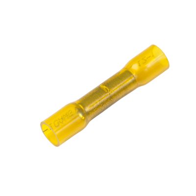 Yellow Molex Perma-Seal heat shrink crimp butt connector for electrical connections, showcasing durable design and insulation.