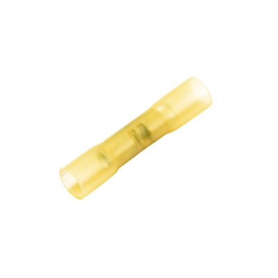 Yellow heat shrink and crimp window butt connector for 12-10 gauge wires, ideal for secure electrical connections.
