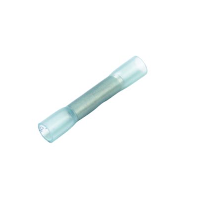 Blue heat shrink and crimp window butt connector, ideal for electrical wiring and connections, featuring transparent casing.