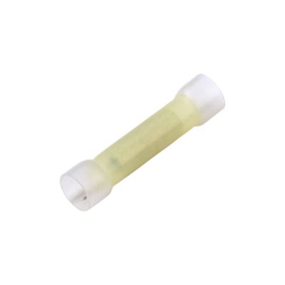 Transparent heat shrink butt connector with yellow nylon sleeve, ideal for secure crimp connections in electrical wiring.
