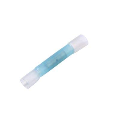 Blue nylon sleeve butt connector for heat shrink and crimping, designed for 16-14 gauge wires.