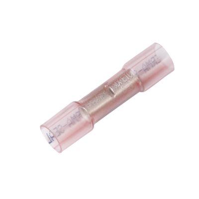 Red Molex Perma-Seal Heat Shrink Crimp Butt Connector, ideal for secure wiring connections and insulation in electrical setups.