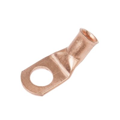 Copper lug with a 45-degree bend, designed for 6 gauge wire, ideal for electrical connections.