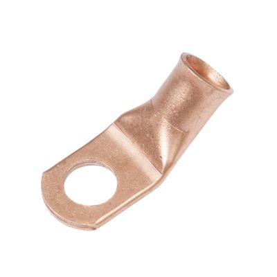 Copper lug with 45-degree bend, large hole, and smooth finish, suitable for electrical connections.
