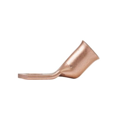 Copper lug with a 45-degree bend for secure stud connections, made of durable copper material.