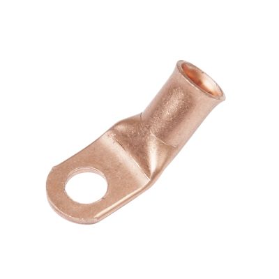 Copper lug for 2 gauge wire with a 45-degree bend, featuring a circular hole for secure connections.