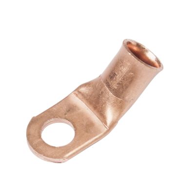 Copper lug with a 45-degree bend, showcasing a smooth finish and precise craftsmanship for optimal conductivity.