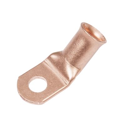 Copper lug with 45-degree bend, featuring hole for secure electrical connections, suitable for 1/0 gauge wire applications.