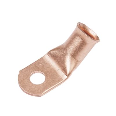 Copper lug with 45-degree bend, suitable for 2/0 gauge wiring applications.