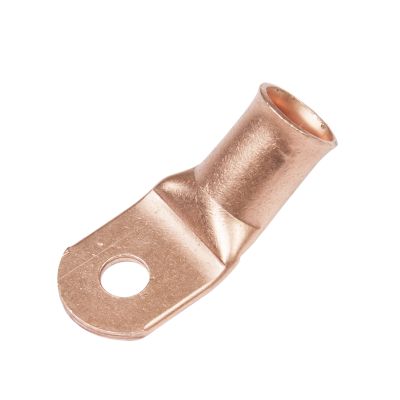 Copper lug with a hole, 45-degree bend, designed for 3/0 gauge wire, showcasing durable construction and functionality.