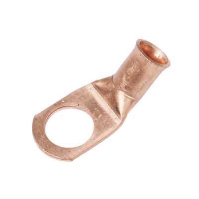Copper lug with a 45-degree bend, designed for 6-gauge wire connections.