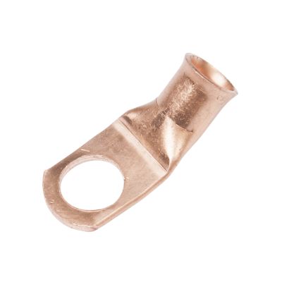 Copper lug with a 45-degree bend, designed for 4 gauge wiring, featuring a durable and efficient design.