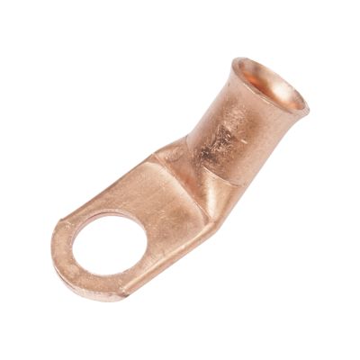 Copper lug with a 45-degree bend for 2 gauge wire, featuring a convenient hole for secure connections.
