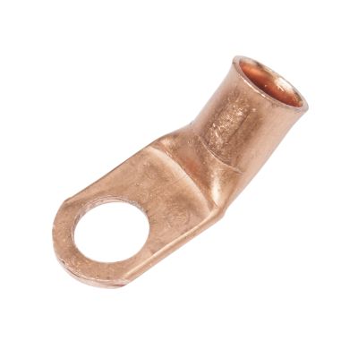 Copper lug with a bent design and a circular opening, ideal for secure electrical connections.