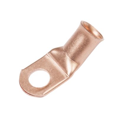 Copper lug with 45-degree bend for wiring, featuring a smooth finish and an open circular connector.
