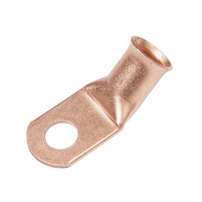 Copper lug with a 45-degree bend and a 2/0 gauge design, featuring a hole for secure connections.