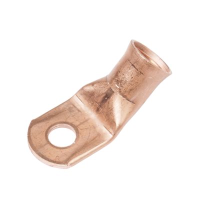 Copper lug with hole and 45-degree bend, used for electrical connections. Suitable for 4/0 gauge wires.