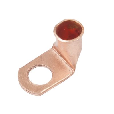 Copper lug with a 90-degree bend and hole, designed for electrical connections.