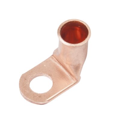 Copper lug with a 90-degree bend, designed for 2 gauge wiring, featuring a mounting hole for secure attachment.