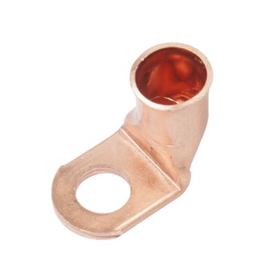 Copper lug with 90-degree bend and ring terminal designed for secure electrical connections.