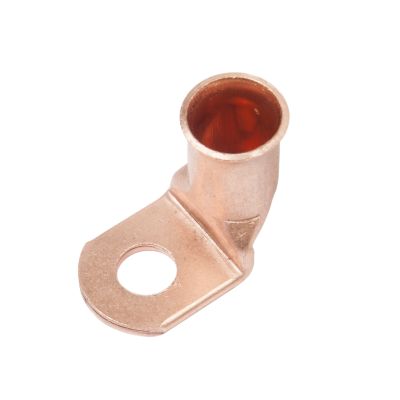 Copper lug with a 90-degree bend, featuring a hole for secure connections in electrical applications, suitable for 1/0 Ga wire.