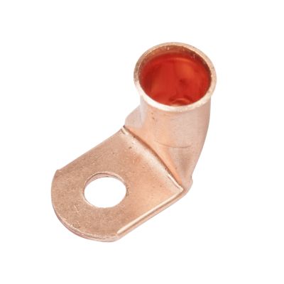 Copper lug with a 90-degree bend, designed for 2/0 gauge cables, featuring a visible hole for secure attachment.