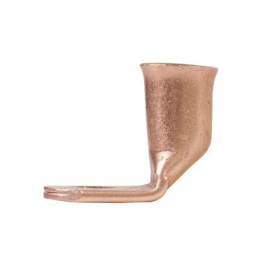 Copper lug with 90-degree bend designed for secure electrical connections, featuring a hole for stud compatibility.