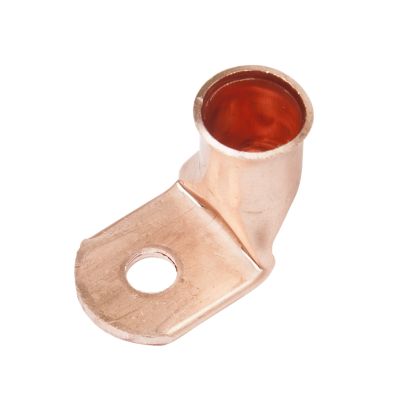 Copper lug with a 90-degree bend, designed for heavy gauge cables, featuring a mounting hole for secure connection.