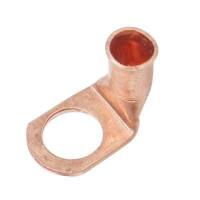 Copper lug with 90-degree bend for 6 gauge wire, featuring a circular opening and robust design for electrical connections.
