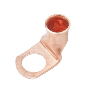 Copper lug with 90-degree bend, designed for 4 gauge wire, featuring a circular opening for secure electrical connections.