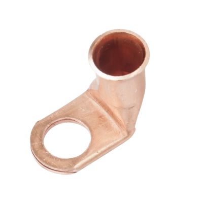 Copper lug with a 90-degree bend designed for 2-gauge wire connections, featuring a robust copper finish and mounting hole.