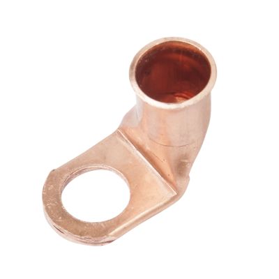 Copper lug with a right-angle bend and a hole for secure connections, ideal for electrical wiring applications.