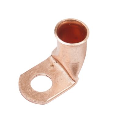 Copper lug with a 90-degree bend for 2/0 gauge wire, featuring a circular mounting hole for secure electrical connections.