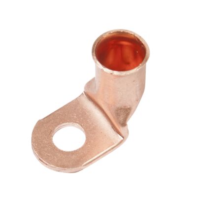 Copper lug with a 90-degree bend, featuring a single hole for secure electrical connections.