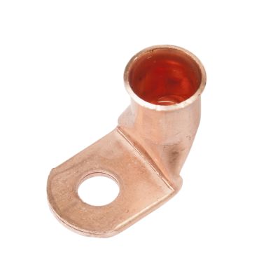 Copper lug with a 90-degree bend, featuring a large opening and bolt hole for secure electrical connections.